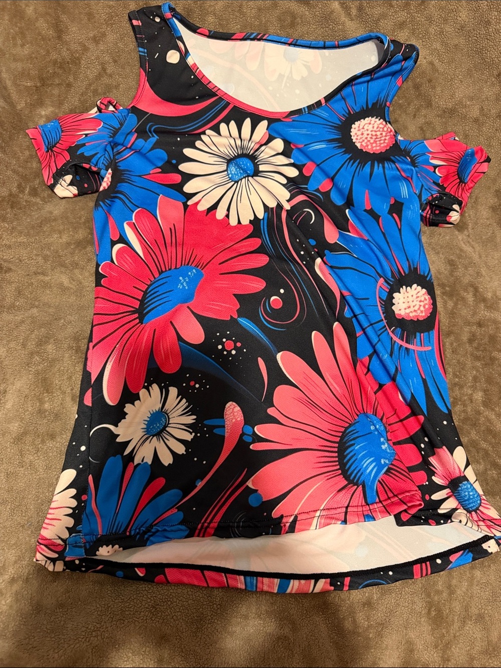 Girls' Floral Cold-Shoulder Dress in Black, Blue & Pink